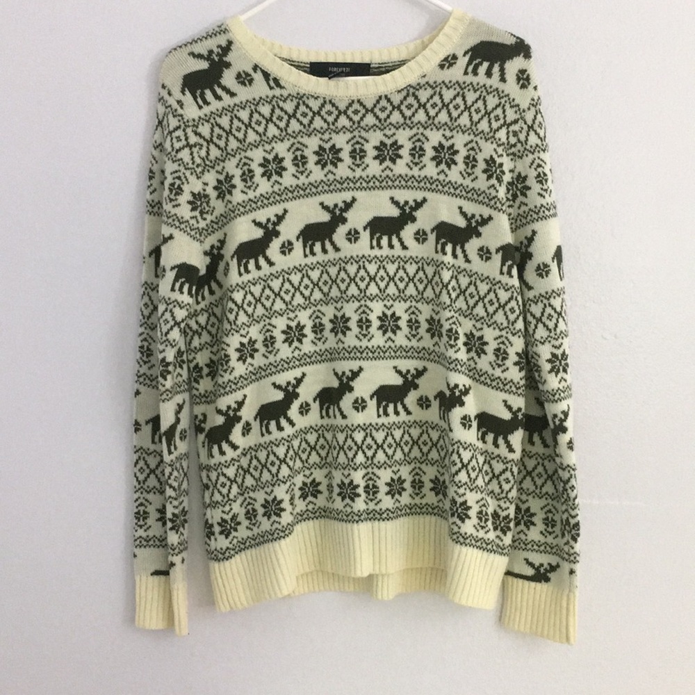 Green and Cream Holiday Reindeer Print Sweater